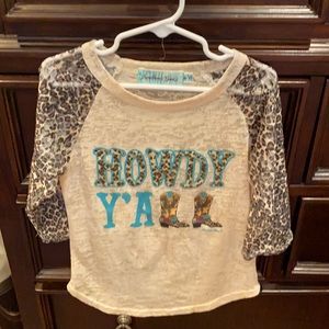 Girls western tweeting laced animal print sleeves.
